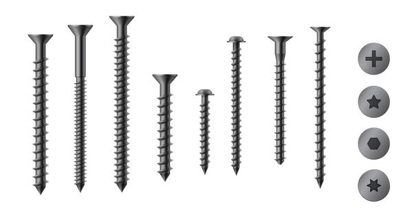 Realistic 3d metal bolts, nuts, rivets, washers and screws set. Assortment for fix and repair - Vector, Image