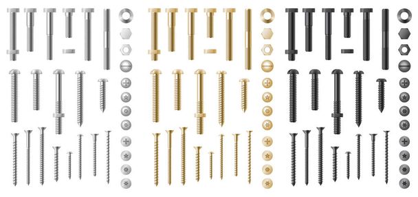 Big set of stainless steel, silver and golden bolts, nails, gears and screws. Top and side view - Vector, Image