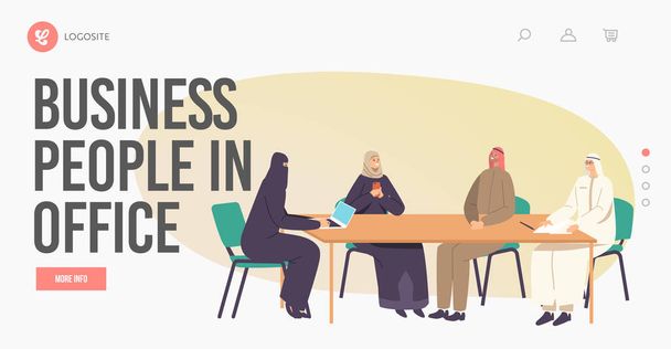Businesspeople in Office Landing Page Template. Arab Male and female Team Meeting, Communicating Sitting at Desk - Vector, afbeelding