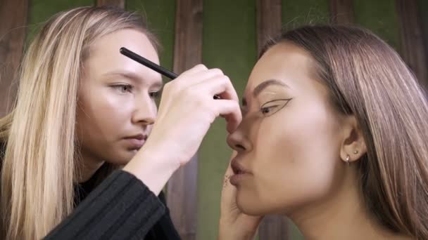 houkutteleva valkoihoinen meikki taiteilija tekee meikki aasialainen nainen kauneushoitola - Materiaali, video