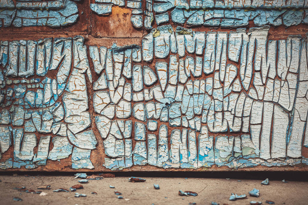 Fragment of a wooden door close-up. Old paint. Cracks in the old paint. Cracked paint on a wooden surface. The texture of the cracks. The texture of the old wood. Grunge texture. Blue background. - Photo, Image