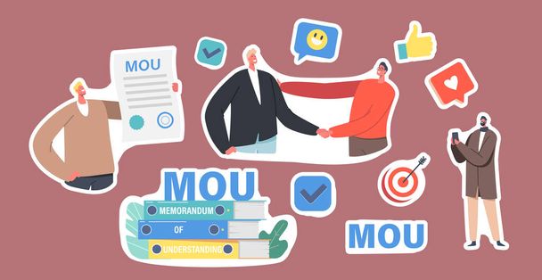 Set of Stickers Businesspeople Characters with MOU Documents, Pile of Memorandum of Understanding Documentation - Διάνυσμα, εικόνα