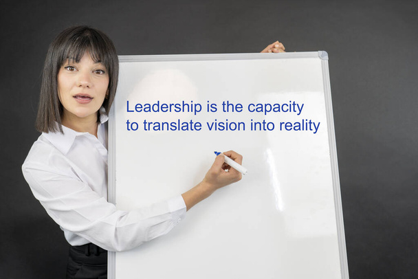 The text Leadership is the capacity to translate vision into reality with business woman white board - Fotó, kép