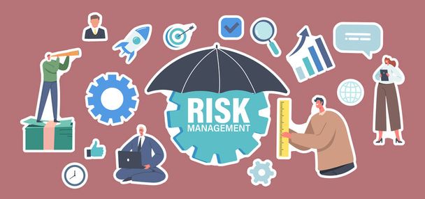 Set Stickers Characters Admit, Identify, Measure and Implement Risk Management Business Strategy. Businessman, Umbrella - Διάνυσμα, εικόνα