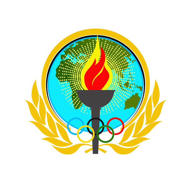 Emblema olimpico con fuoco olimpico, anelli, globo e corona di alloro isolati su sfondo bianco - Vettoriali, immagini