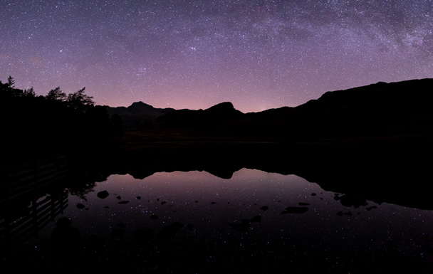 A panoramic view of the night sky over Blea Tarn in the English Lake District - Photo, Image