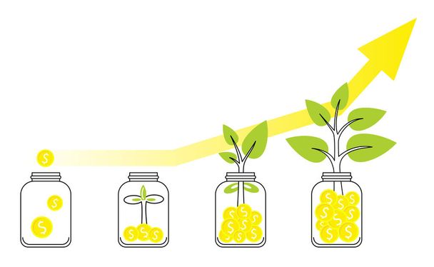 Επενδύσεις και χρηματοδότηση ανάπτυξη επιχειρηματική έννοια σε λευκό φόντο. Το δέντρο του χρήματος μεγαλώνει. Πράσινο φυτό που αναπτύσσεται από νομίσματα χρήματος. Διάνυσμα επίπεδη απομονωμένη εικόνα. Γραφικά καρτούν Doodle. - Διάνυσμα, εικόνα