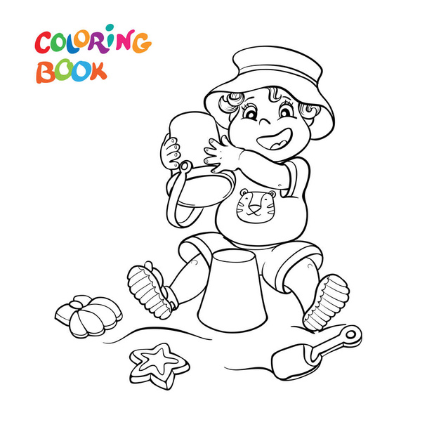 Livre ou page à colorier. Joyeux enfant en short, t-shirt et chapeau panama jouent dans le sable et les jouets. - Vecteur, image