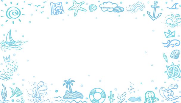 Elle çizilmiş kabataslak çerçeve Tatil elemanları. Yaz tatili. İşaretler ve semboller. Web pankartı - Vektör, Görsel