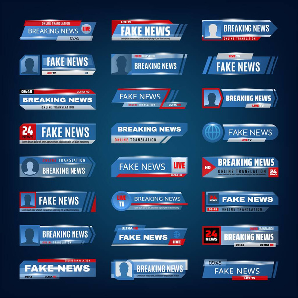 News Fake und Breaking, Banner und Live-TV-Medienvektorsymbole oder Hintergrundvorlagen. Breaking Fake News und Falschmeldungen für Online-Übersetzungen, Zeitungscover und das weltweite soziale Fernsehen - Vektor, Bild