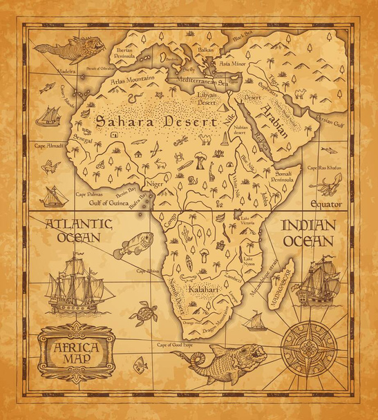 Afrika antik térképe régi pergamenen. Vektor afrikai kontinens szigetekkel, tenger és óceánok, hegyek, sivatagok és folyók, vintage vitorlás hajó, hajó iránytű rózsa és az ősi szörny hal - Vektor, kép