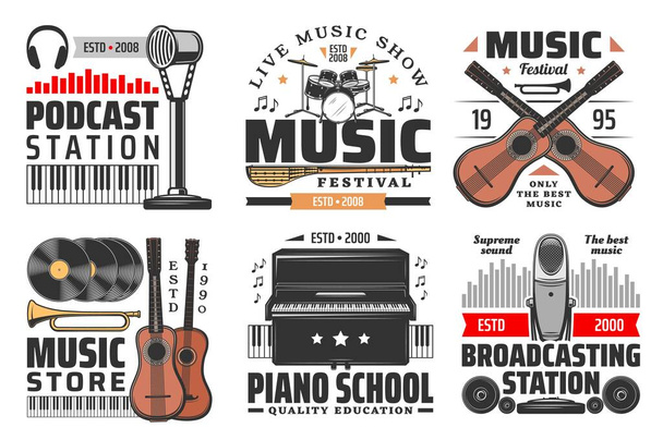 Hudba izolované vektorové ikony s hudebními nástroji, mikrofony, sluchátky a reproduktory. Klavír, kytara, buben a trubka, vinylová deska, hudební tón a zvukový ekvalizér, hudební symboly design - Vektor, obrázek