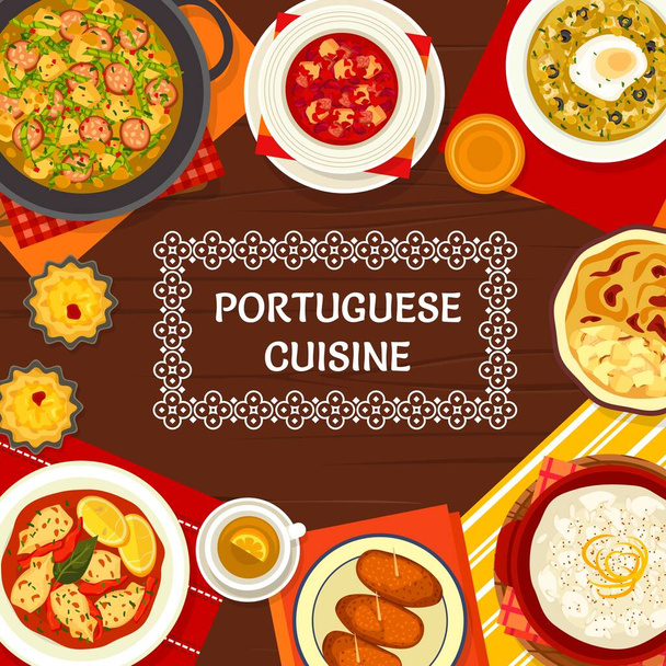 Portugál étel menü borító, Portugál konyha éttermi ételek és ételek, vektor poszter. Portugál konyha hagyományos ebéd és vacsora tőkehal bacalhauval, kenyér és kelkáposztaleves rizspudingos tésztával - Vektor, kép