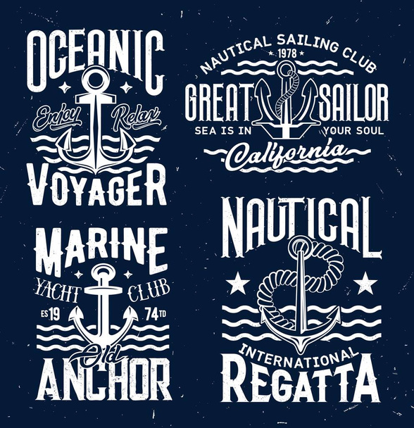 Ship anchor t-shirt print vector templates. Admiralty or fisherman, stockless anchor and retro typography. Nautical sailing or yacht club regatta competition emblem, yachtsmen apparel custom print - Vector, Image