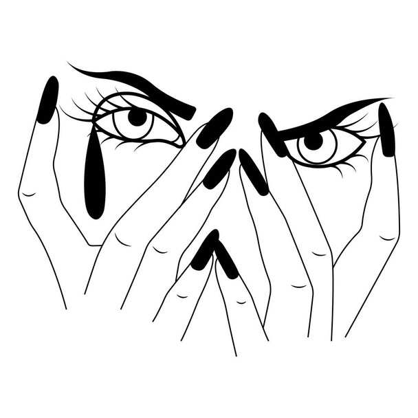 Silhouette del viso di una ragazza coperta di palme con una lacrima. Stile minimalista. Simbolo di bellezza e tristezza. Design per saloni di bellezza, dipinti, banner, stampa t-shirt, logo, tatuaggio, album. Vettore - Vettoriali, immagini