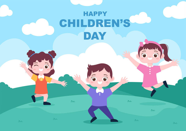 Happy Children's Day Celebration With Cartoon Character Illustration For Poster, Greeting Cards, Wallpaper Background, Banner, And Landing Page - Vektor, Bild