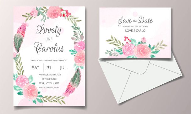 Tarjeta de invitación de boda con hermosa acuarela floral - Vector, imagen