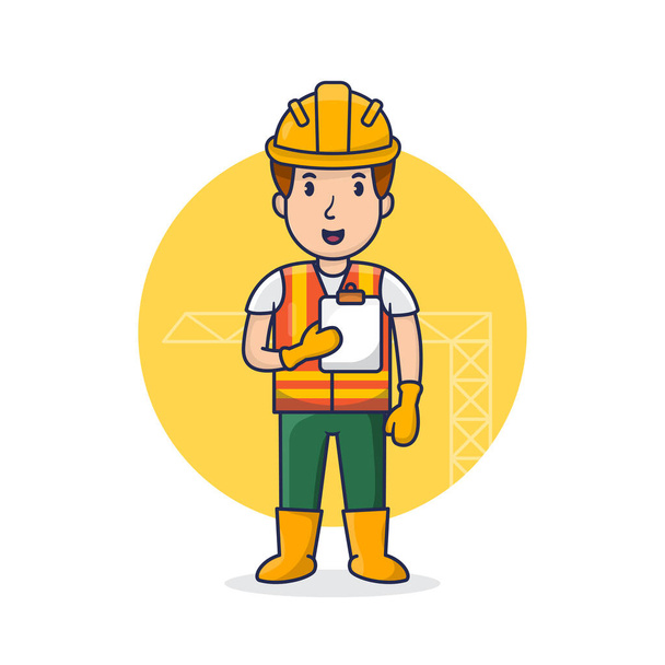 architect construction holding paper sketch cartoon vector illustration, Contruction Worker Wear Helmet and hold paper - Vector, Image