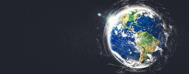 Σύνδεση παγκόσμιου δικτύου που καλύπτει τη γη με γραμμές καινοτόμου αντίληψης - Φωτογραφία, εικόνα