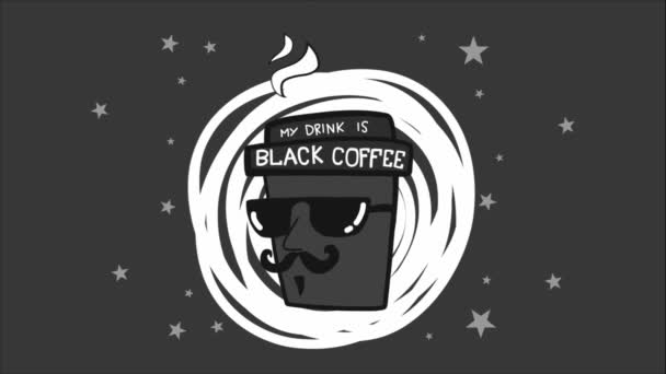 zwart wegwerp kopje met geanimeerde glazen en stoom, mijn drankje is zwarte koffie belettering - Video