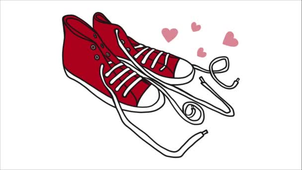 κόκκινα παπούτσια με κορδόνια σε σχήμα ερωτικής λέξης, κινούμενες καρδιές απομονωμένες σε λευκό φόντο - Πλάνα, βίντεο