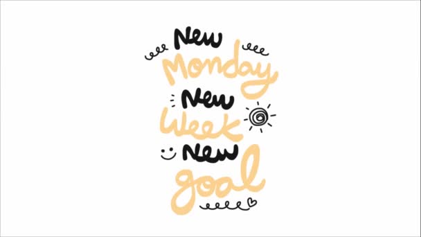 animé nouveau lundi nouvelle semaine nouveaux objectifs lettrage avec tourbillons, soleil et sourire - Séquence, vidéo