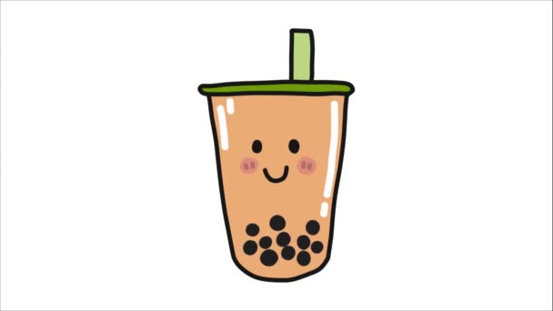 plastic cup with smiley face and green straw, animated bubbles inside - Footage, Video