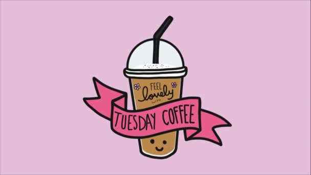 Taza de plástico con café y cara sonriente, se siente encantadora con el martes letras animadas café - Metraje, vídeo