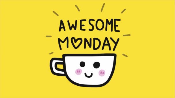awesome monday animated lettering and cup with smiley face - Footage, Video