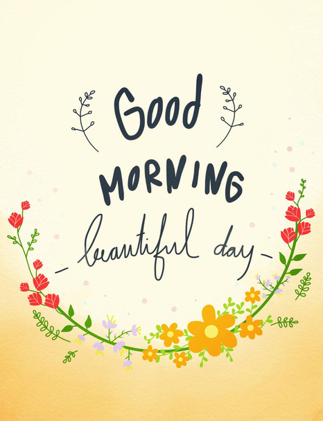 Bonjour beau lettrage de jour avec diverses fleurs et feuilles dessinées  - Photo, image
