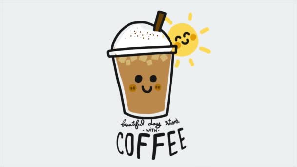 caffè di ghiaccio in tazza di plastica con sole animato e bella giornata inizia con lettering caffè - Filmati, video