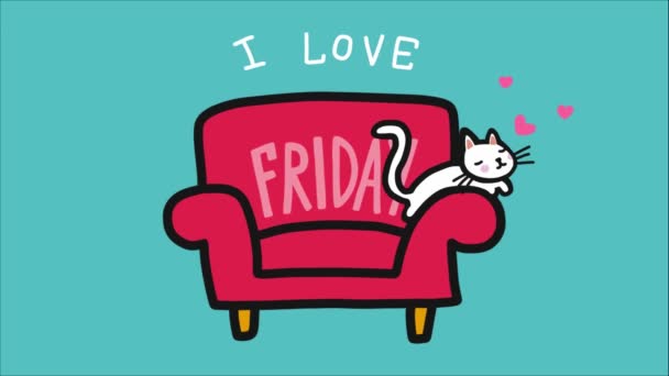 animated i love friday lettering and hearts on cartoon armchair with cat - Footage, Video