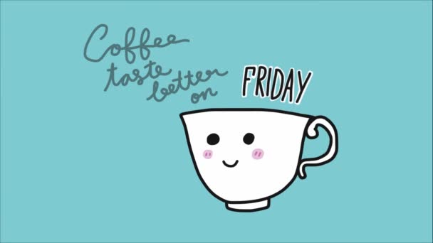 copo com desenho animado rosto sorridente e aparecendo lettering café gosto melhor na sexta-feira - Filmagem, Vídeo