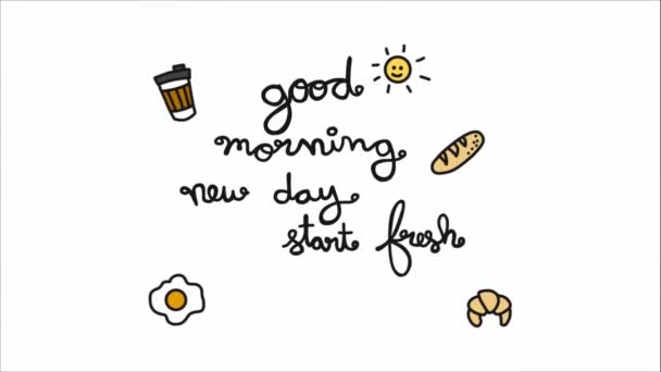 κινούμενα τρόφιμα και εμφανίζονται γράμματα Καλημέρα νέα ημέρα ξεκινήστε φρέσκο να είστε ευγνώμονες - Πλάνα, βίντεο