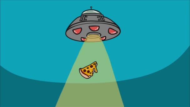 Cartoon-Ufo am Himmel mit fliegendem Pizzastückchen - Filmmaterial, Video