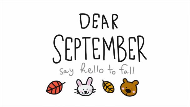 animated leaves, cartoon rabbit and bear heads and lettering dear september say hello to fall - Footage, Video