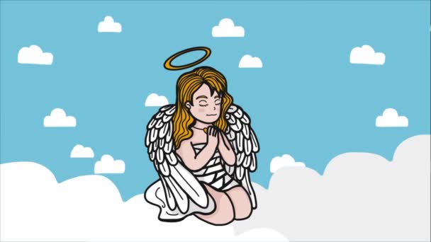 ángel de dibujos animados con nubes animadas en movimiento en el cielo azul - Imágenes, Vídeo