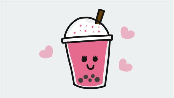 plastikowa filiżanka różowej herbaty bąbelkowej z uśmiechniętą twarzą i sercami - Materiał filmowy, wideo
