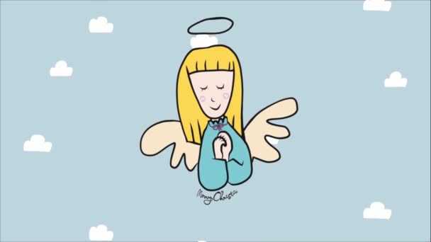 κινούμενα σχέδια με άγγελο κινουμένων σχεδίων και Καλά Χριστούγεννα και ευτυχισμένο το νέο έτος lettering - Πλάνα, βίντεο