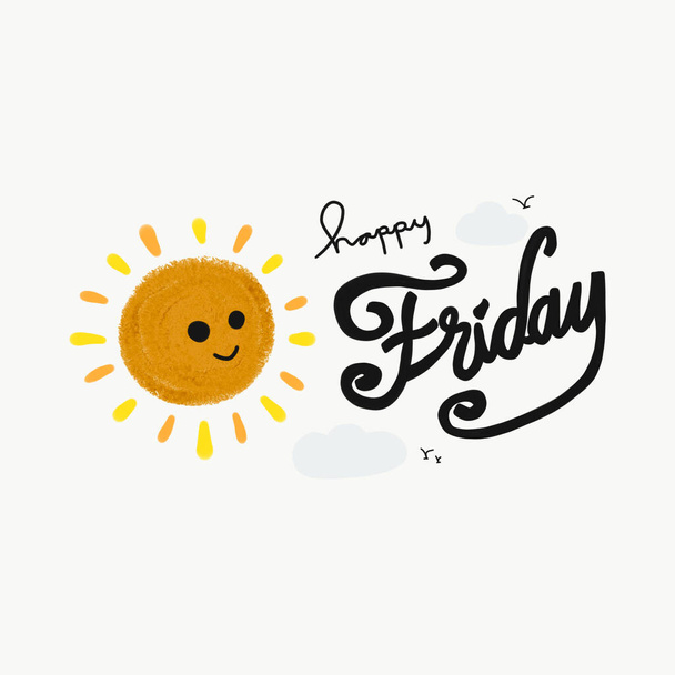 cute smiley sun, clouds, birds and happy friday lettering - Photo, Image