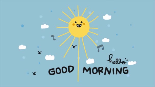 animated sun, clouds, birds and music notes in sky with hello good morning lettering - Footage, Video