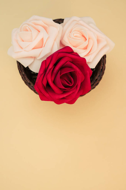 A vertical shot of red and white rose heads on a light-colored background with copyspace - Fotoğraf, Görsel