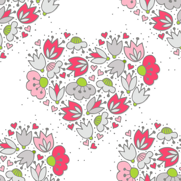 Messy different colorful pink gray flowers and hearts in heart shape on white background with little dots retro romantic botanical seamless pattern - Vektor, Bild