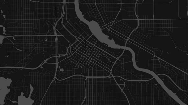Negro y gris oscuro Minneapolis ciudad vector mapa de fondo, calles y cartografía del agua ilustración. proporción de pantalla ancha, plano digital diseño streetmap. - Vector, imagen