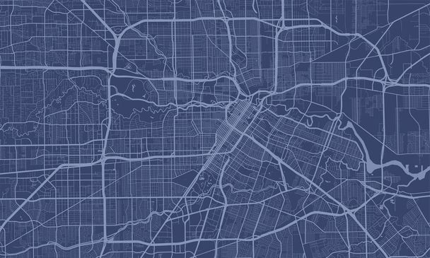 Blu scuro Houston città area vettoriale sfondo mappa, strade e acqua cartografia illustrazione. Proporzione di schermo panoramico, mappa stradale digitale di progettazione piatta. - Vettoriali, immagini