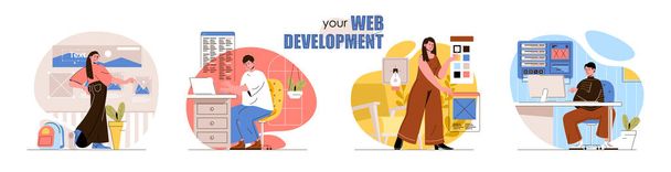 Web ανάπτυξη σκηνές έννοια που. Οι προγραμματιστές δημιουργούν διατάξεις site, interface, συμπληρώστε τις ιστοσελίδες με περιεχόμενο, κώδικα δοκιμής. Συλλογή δραστηριοτήτων ανθρώπων. Εικονογράφηση διανύσματος χαρακτήρων σε επίπεδη σχεδίαση - Διάνυσμα, εικόνα