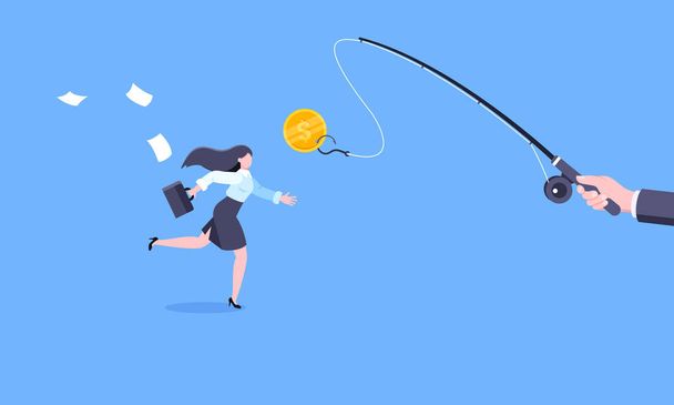 Fishing money chase business concept with businesswoman running after dangling dollar and trying to catch it. - Vector, Image