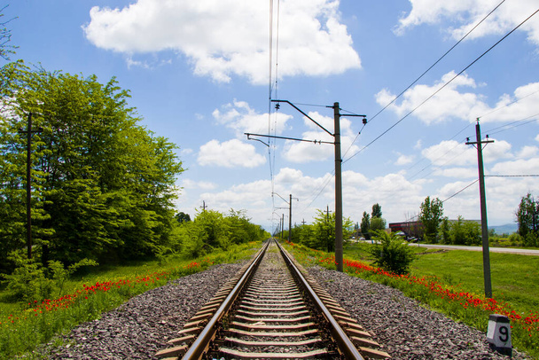 ジョージア州の鉄道ビュー、鉄道道路や駅、ポピーと黄色の花のフィールドと行と地平線 - 写真・画像