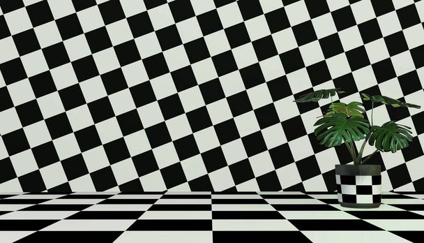Planta tropical sobre fundo xadrez preto e branco com ilusão óptica - Foto, Imagem