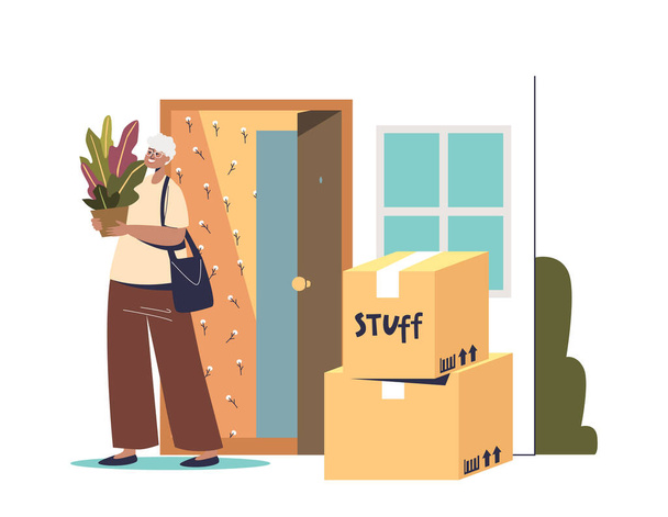 Woman moving to new house stand in corridor of home with cardboard boxes holding plant - Vector, Image